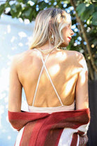 Leto Accessories high neck lace top featuring an elegant back design and delicate straps