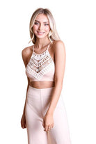 Leto Accessories high neck lace top in soft pink with delicate crochet detail and adjustable straps