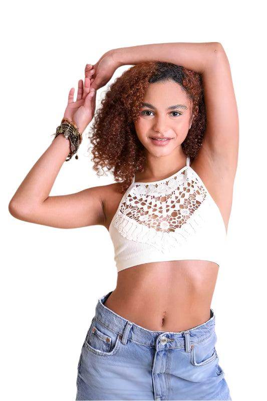 Stylish women's high neck lace top in white, perfect for summer outfits and casual wear.