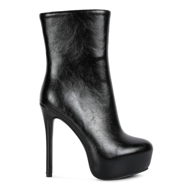 Rag Company women's black high platform stiletto ankle boots with sleek leather finish