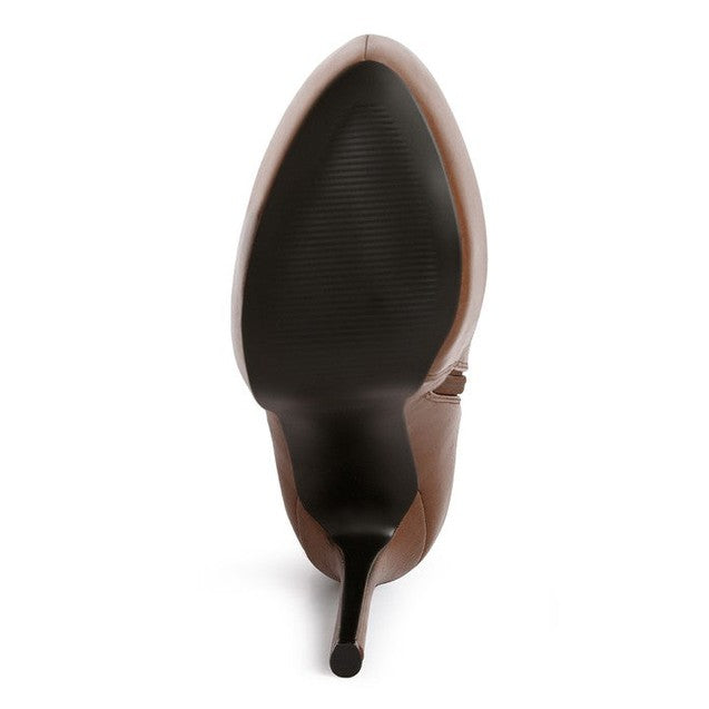 Bottom view of Rag Company high platform stiletto ankle boots in brown leather