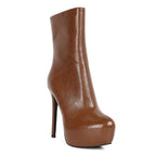 Rag Company high platform stiletto ankle boots in brown leather with sleek design