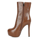Rag Company brown high platform stiletto ankle boots with side zipper and sleek leather finish