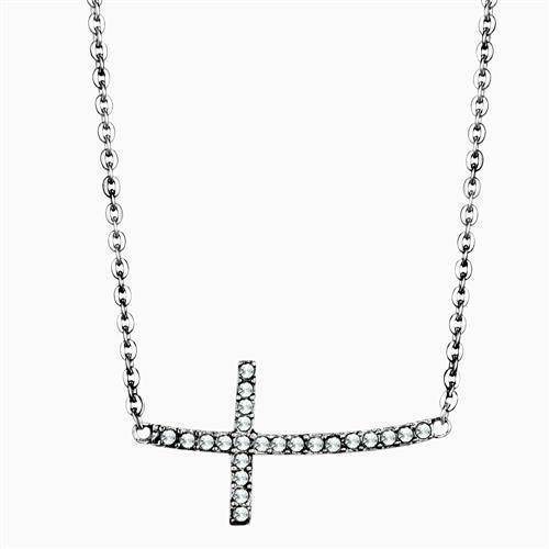 Silver Necklace with High Polished Cross Pendant Adorned with Sparkling Stones