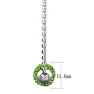 High polished crystal charm necklace in green with a shiny silver chain and circular pendant