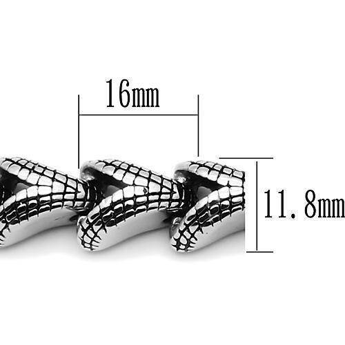 Close-up of high polished men's bracelet showing detailed snake design and dimensions