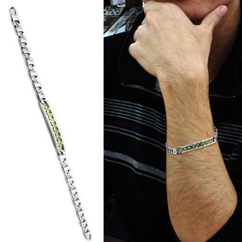 High polished men's bracelet featuring a sleek design with green accent stones