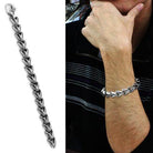 High polished men's bracelet featuring a sleek chain design worn on a wrist for stylish looks