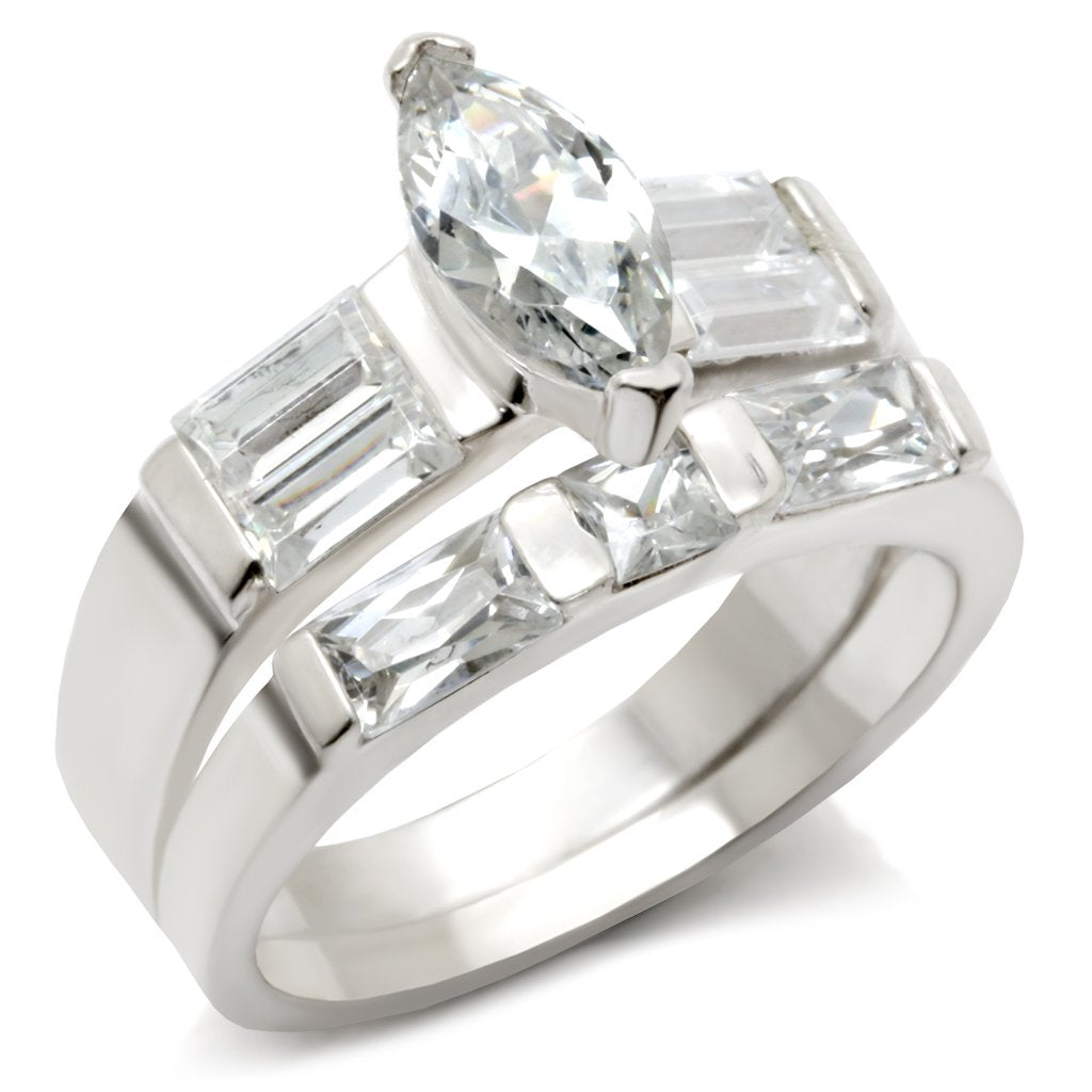 High polished silver engagement ring featuring an elegant design with brilliant cut stones