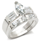 High polished silver engagement ring featuring an elegant design with brilliant cut stones