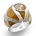 High polished silver fashion ring with a large stone and unique wood design accents