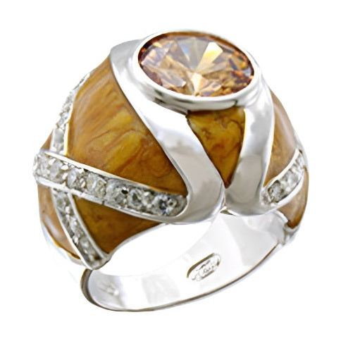 High polished silver fashion ring featuring a golden stone and intricate design with sparkling accents
