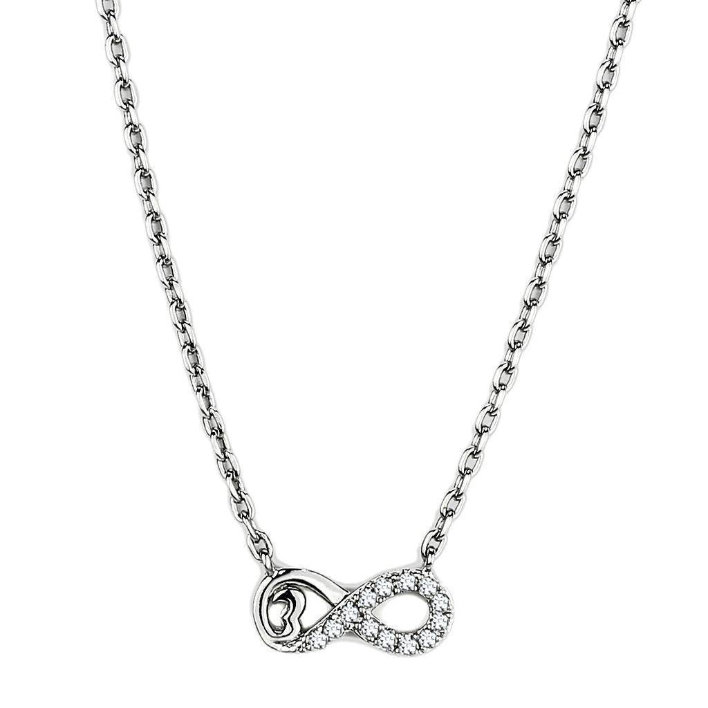 High polished silver tone necklace with infinity pendant adorned with sparkling stones