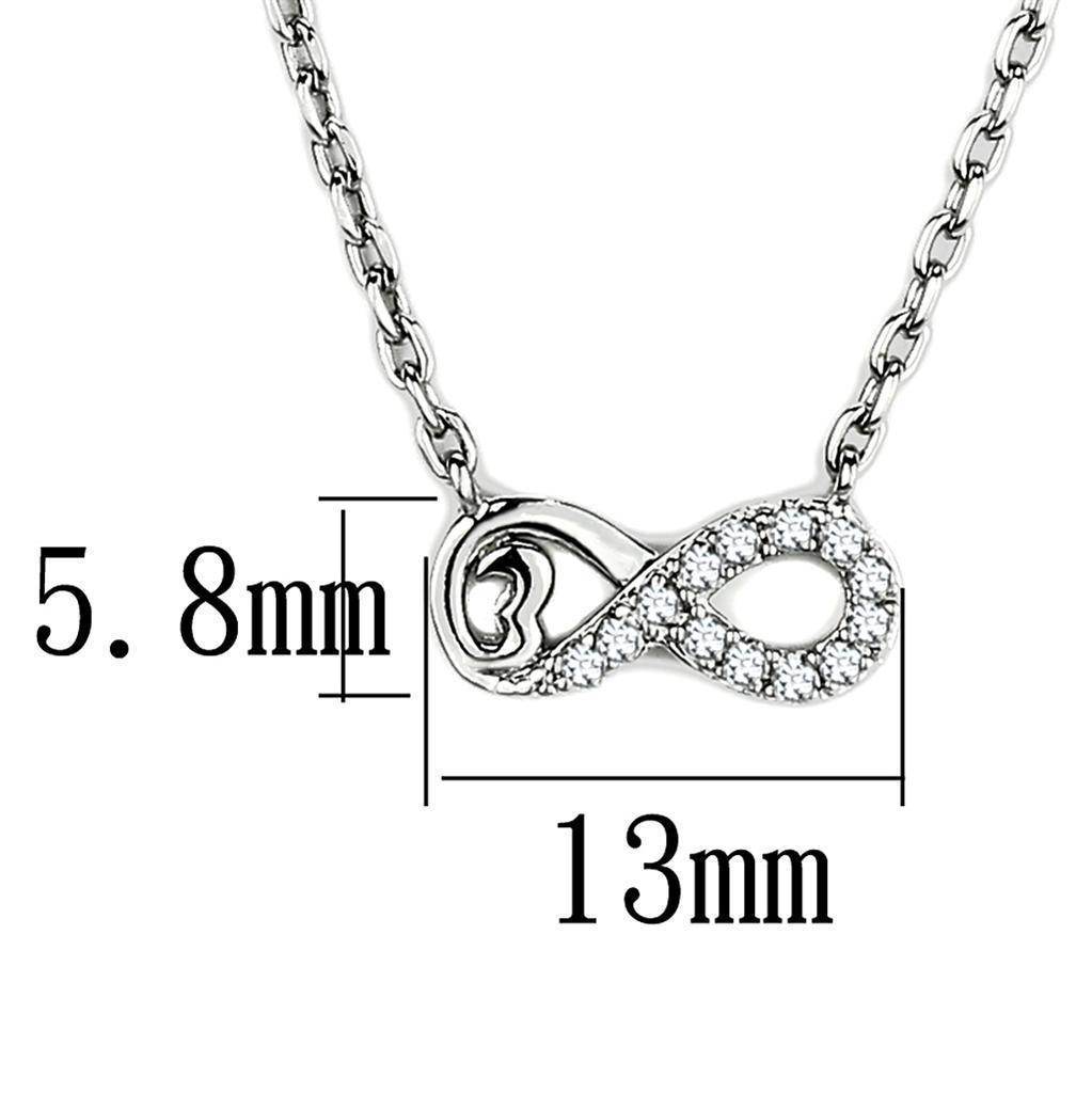 High polished silver tone necklace featuring an infinity design embellished with stones