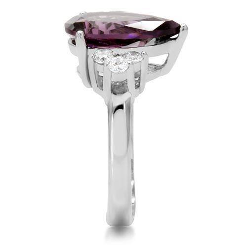 High polished stainless steel ring featuring a large purple gemstone and delicate side stones