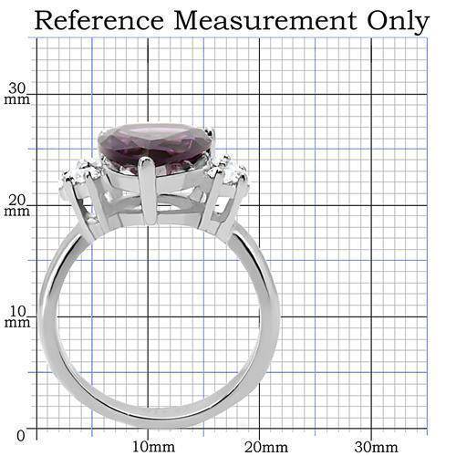 High polished stainless steel ring featuring a large purple gemstone and side embellishments