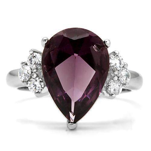Elegant high polished stainless steel ring featuring a pear-shaped purple gemstone and sparkling side stones