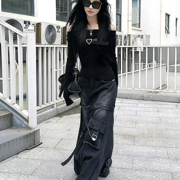 Women's Skirts Black Denim Skirt High-Quality Goth Fashion Pockets High Waist A-Line Skirt