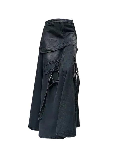Women's Skirts Black Denim Skirt High-Quality Goth Fashion Pockets High Waist A-Line Skirt