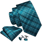 High quality teal tie set with matching pocket square and cufflinks for formal occasions