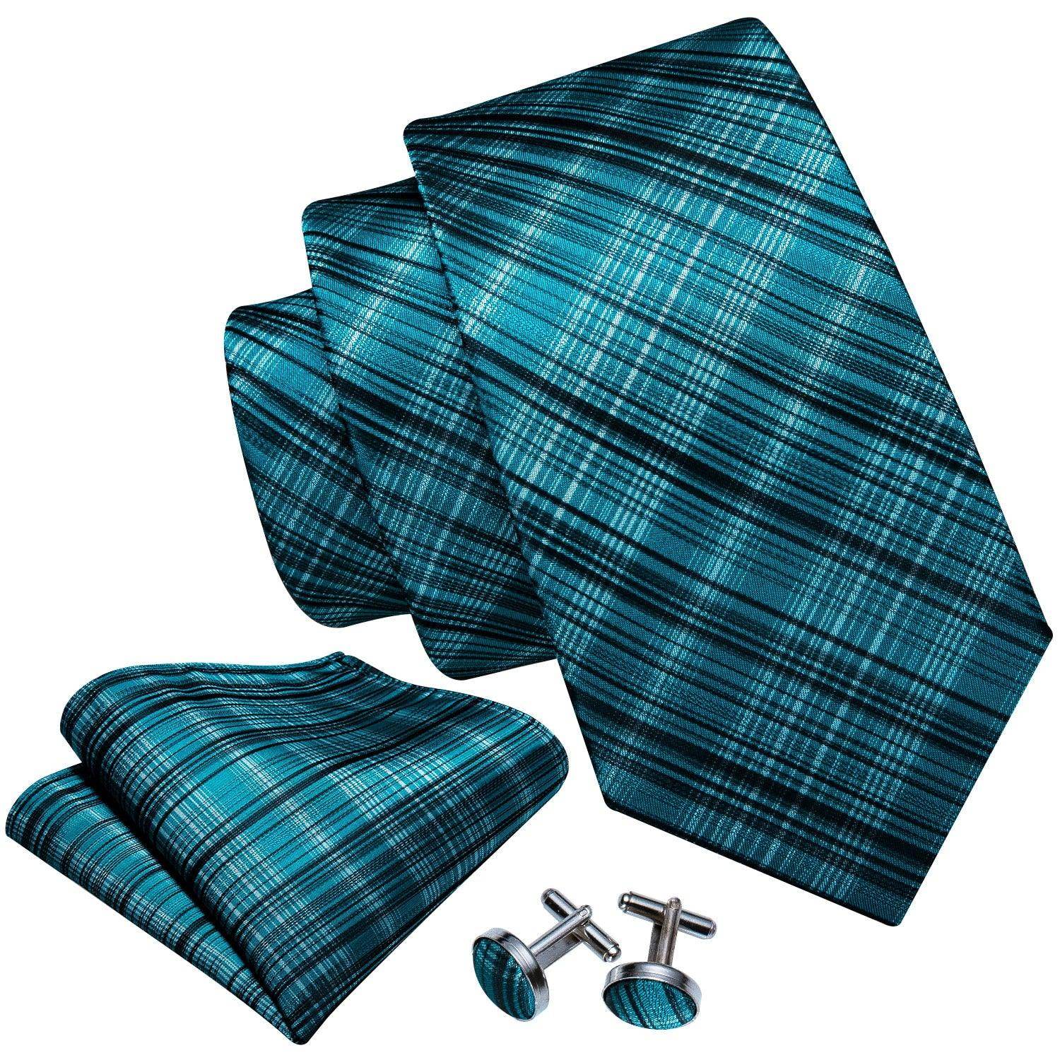 High quality teal tie set with matching pocket square and cufflinks for formal occasions