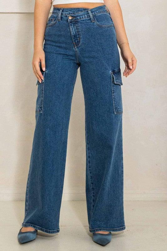 Women's Jeans High Rise Crossed Waist Cargo Wide Jeans