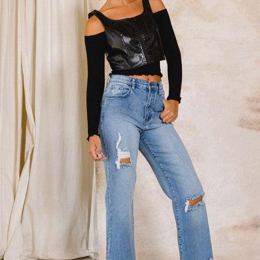 Women's Jeans High Rise Distressed Wide Jeans