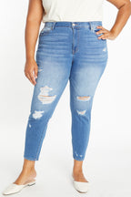 Women's light blue high rise jeans, distressed style for casual wear