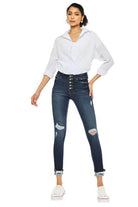 Kan Can USA high rise skinny jeans for women with distressed details and button fly closure