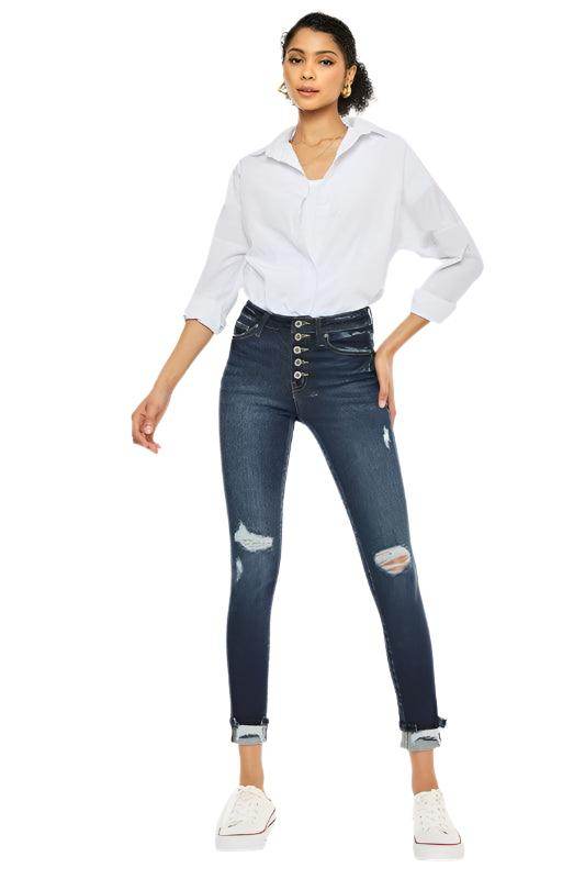 Kan Can USA high rise skinny jeans for women with distressed details and button fly closure