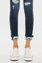 Kan Can USA high rise skinny jeans for women with distressed detailing and cuffed hem