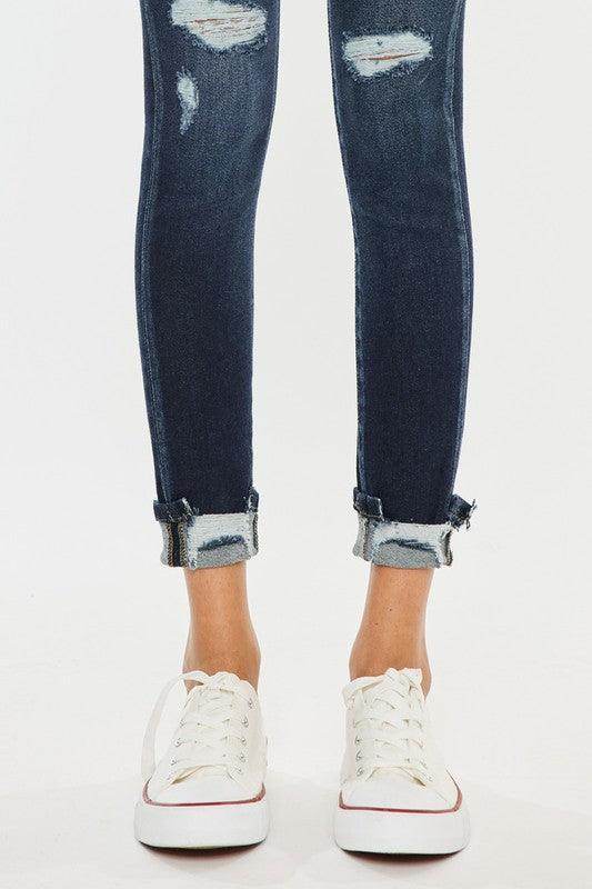 Kan Can USA high rise skinny jeans for women with distressed detailing and cuffed hem
