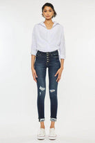 Kan Can USA high rise skinny jeans for women in dark wash with distressed details and button fly