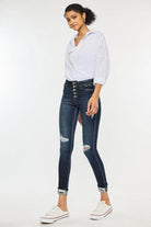 Kan Can USA high rise skinny jeans for women with distressed details and button fly design