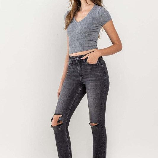 Women's Jeans High Rise Stretch Distressed Crop Slim Straight