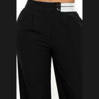 VacationGrabs black high-rise wide leg pants with button and striped waistband detail for women