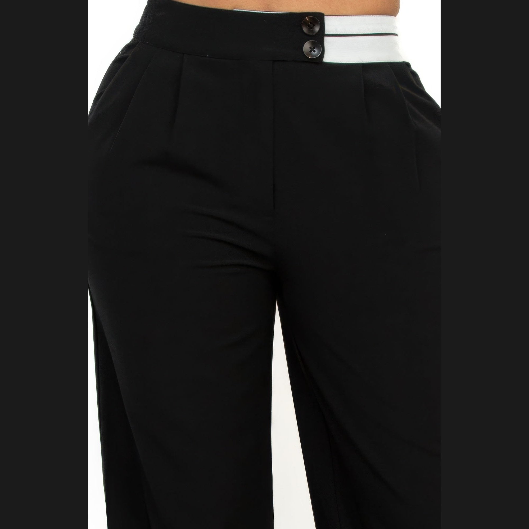 VacationGrabs black high-rise wide leg pants with button and striped waistband detail for women