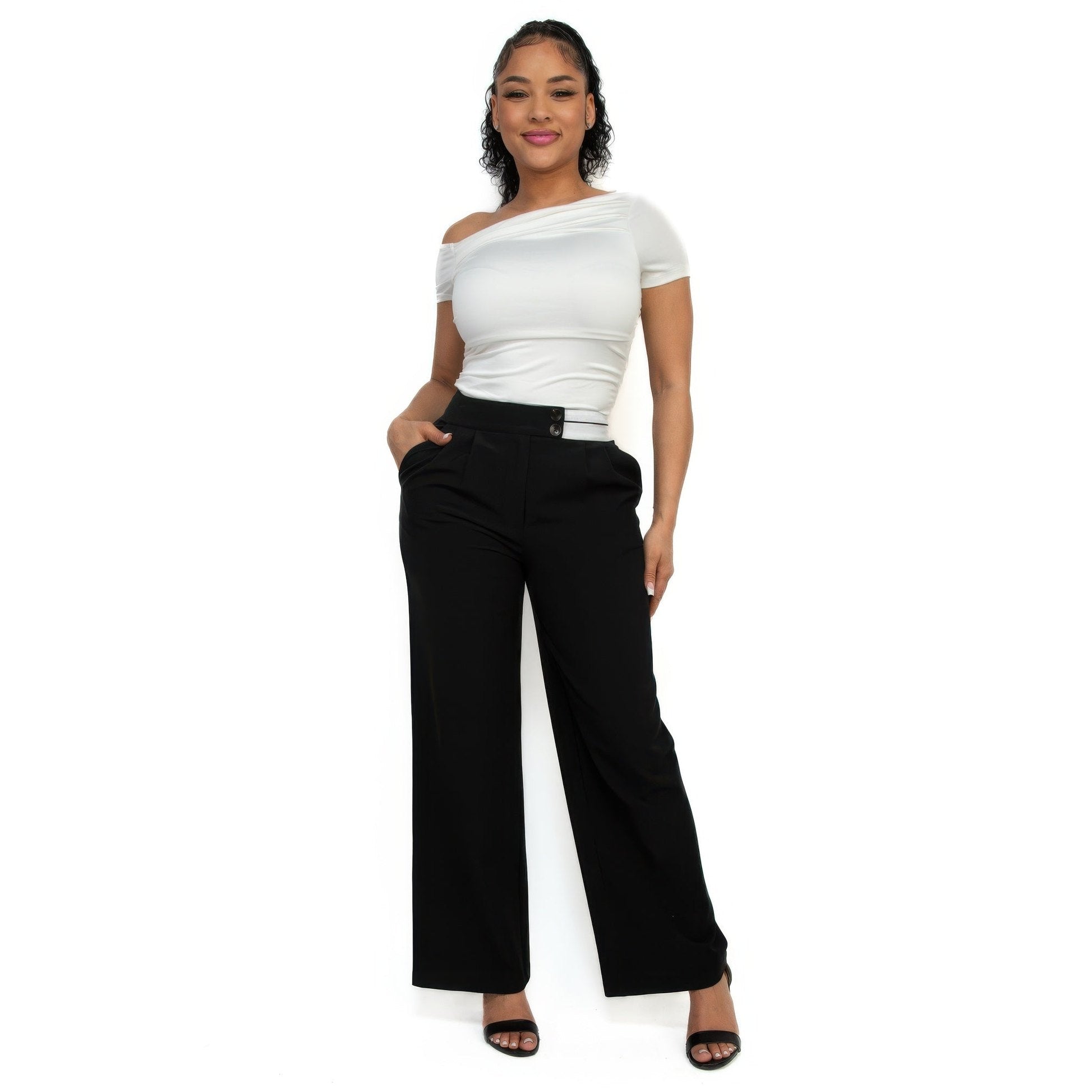 VacationGrabs women's high-rise wide leg pants in black styled with white off-shoulder top and heels