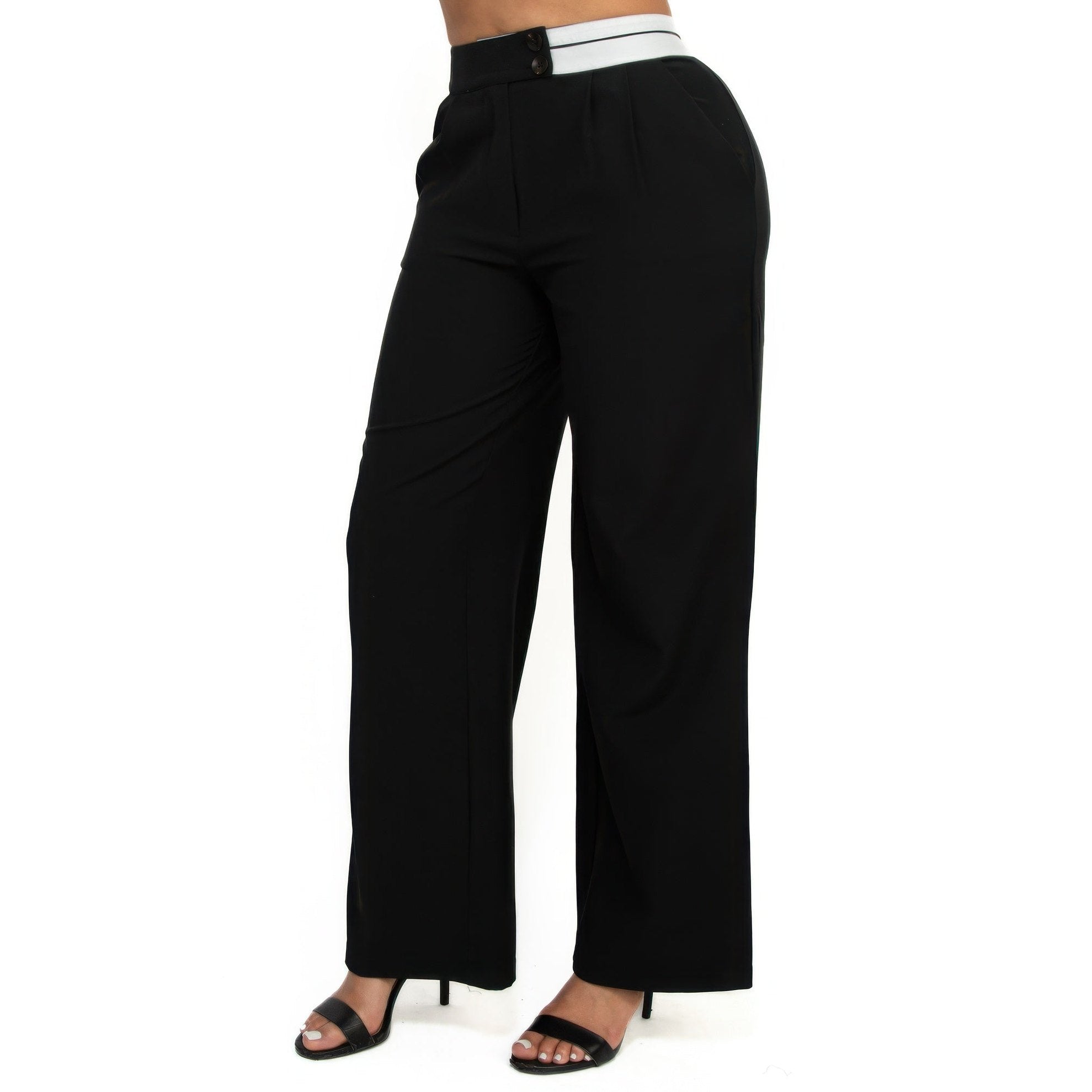 VacationGrabs women's high-rise wide leg pants in black with white waistband and button detail
