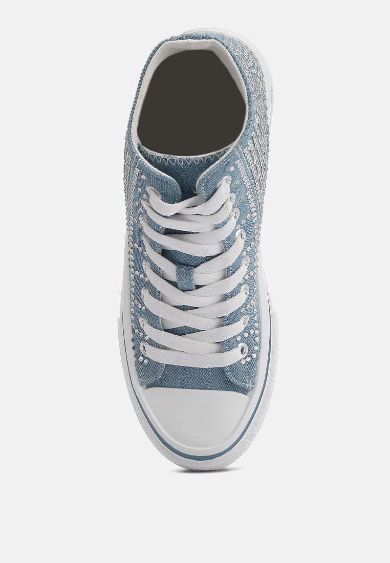 London Rag International high top Sneakers with Studded Design in Light Blue Canvas and White Sole