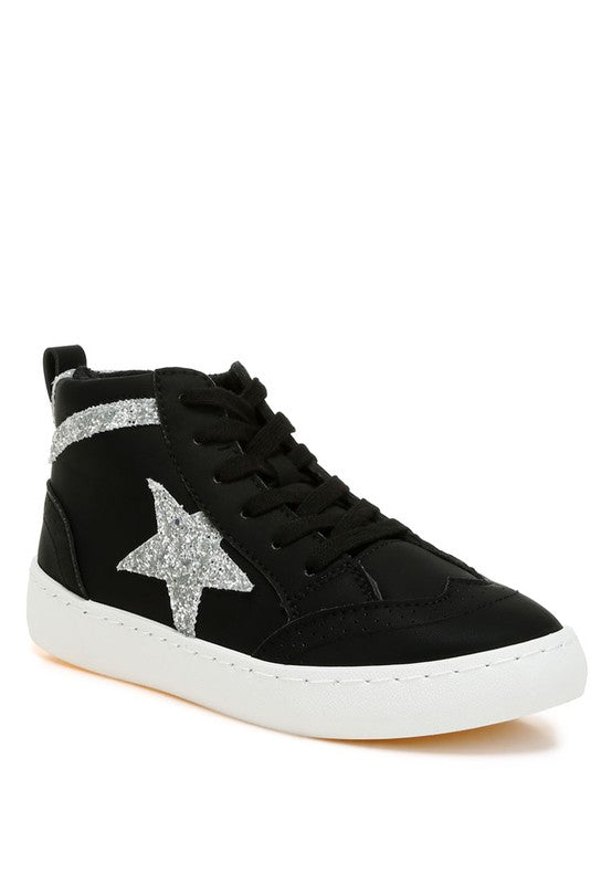 Women's black high top star sneakers with glittery accent for casual wear