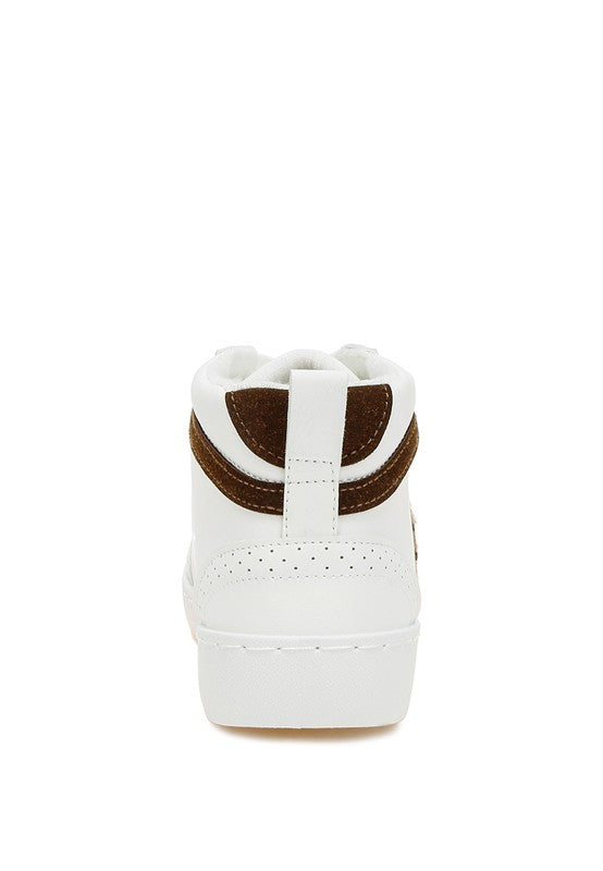 Women's high top star sneakers in white leather with brown accents