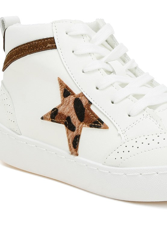 Women's high top star sneakers in white with leopard star design