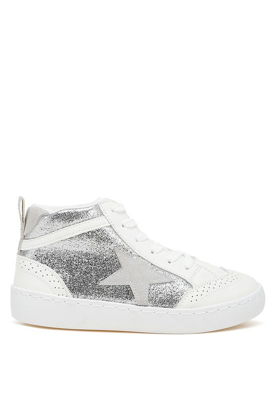 Women's high top star sneakers in white with silver glitter accents