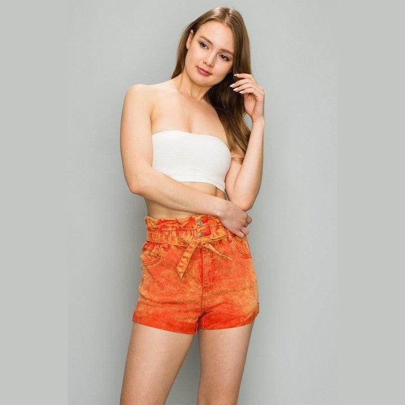Women's high waist belted shorts in vibrant orange with a stylish tie waist detail from LITZ LA
