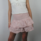 Women's pink high waist denim skort, perfect for summer outings