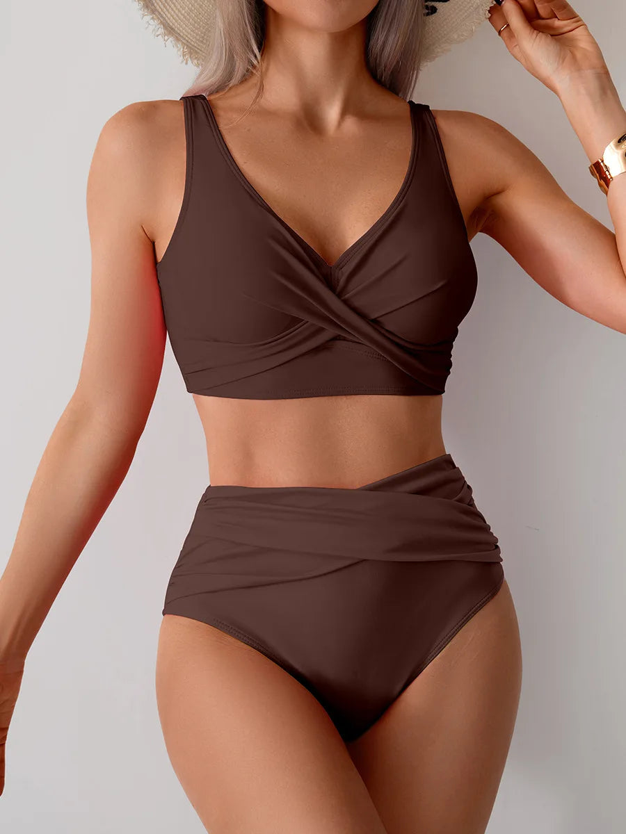 Brown high waist push up bikini set for beach vacations