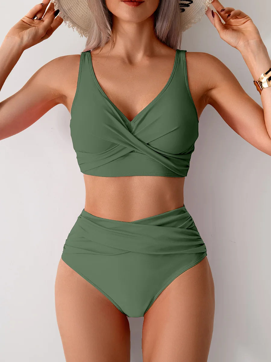 Olive green high waist push up bikini set, perfect for beach outings