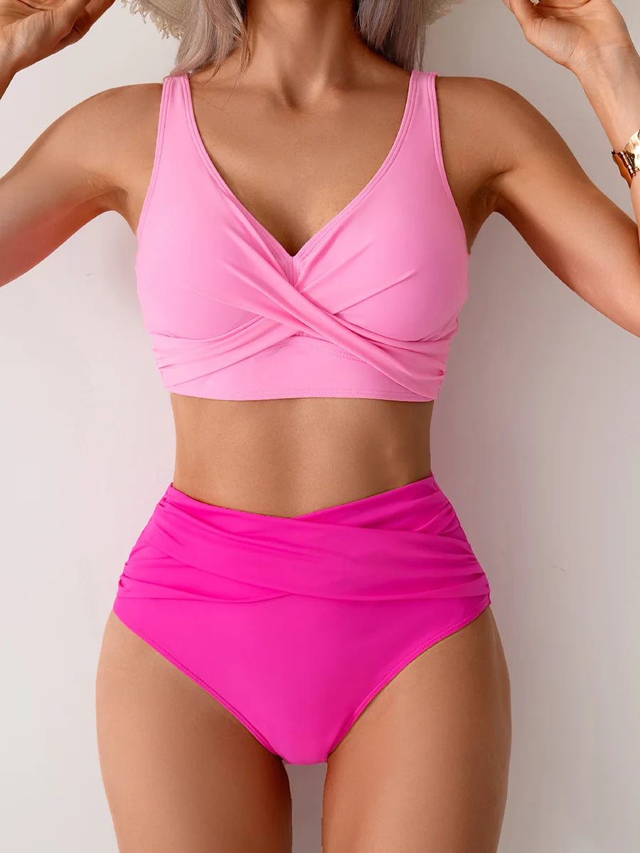 Women's pink high waist push up bikini set for beach days