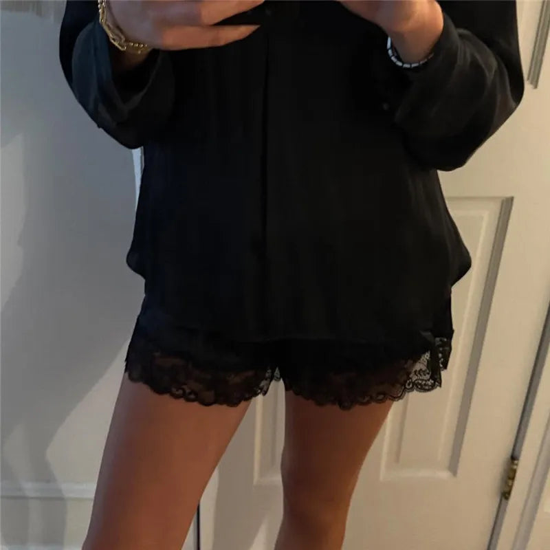 Women's black high-waist shorts with lace trim for casual wear